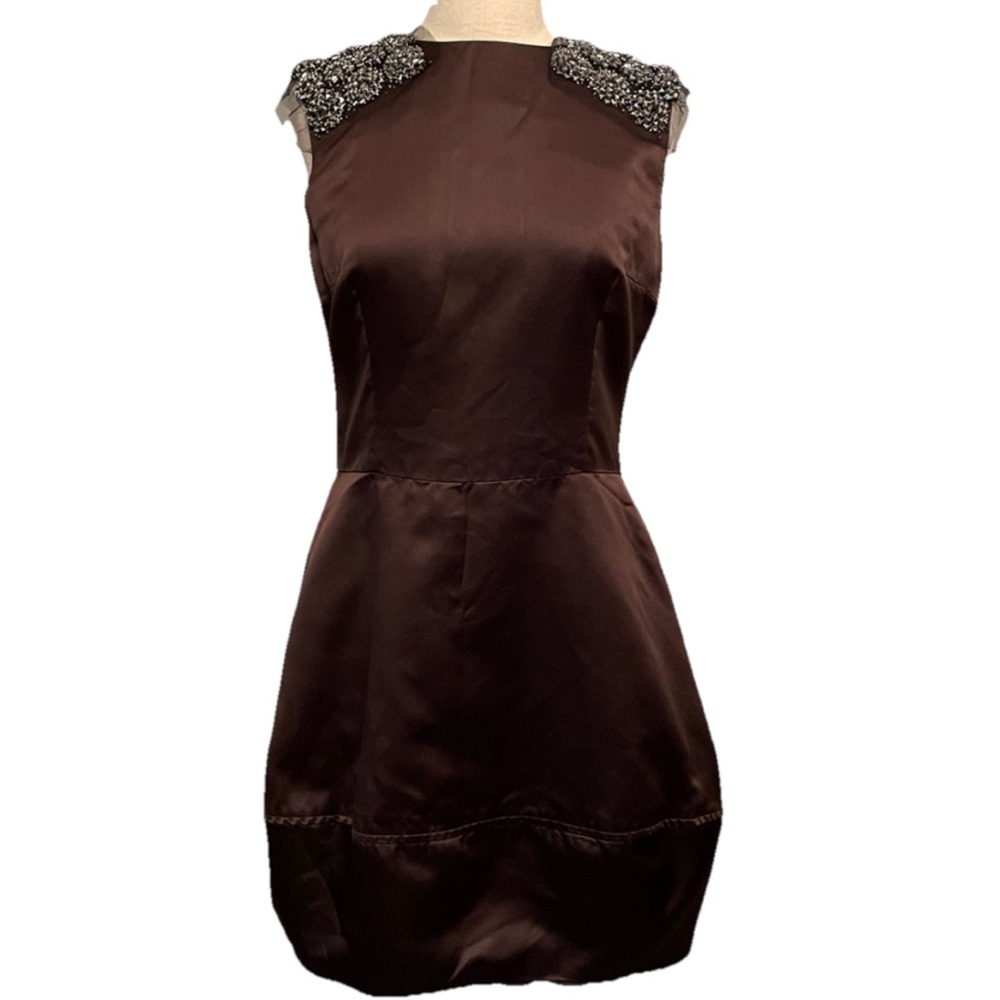 Vera Wang Silk Brown Mini Dress Size 8  Embellished Shoulders